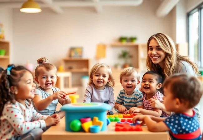 STEAM childcare in Skyway — About Little STEAMers Academy About Little STEAMers Academy — smiling teacher with toddlers exploring colorful blocks in a bright classroom