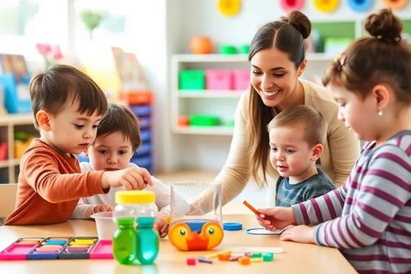 About Little STEAMers Academy — our mission and STEAM approach STEAM childcare in Skyway — teacher guiding preschoolers through a colorful science activity in a bright classroom