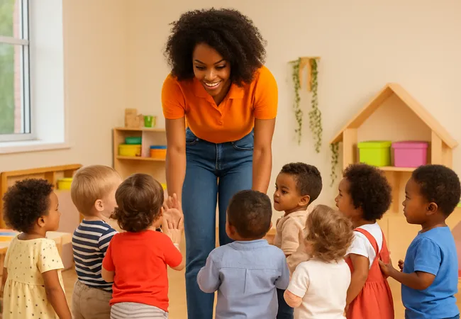 childcare-near-renton-wa-teacher-welcoming-toddlers Preschool children exploring STEAM activities with a teacher at a childcare program near Renton