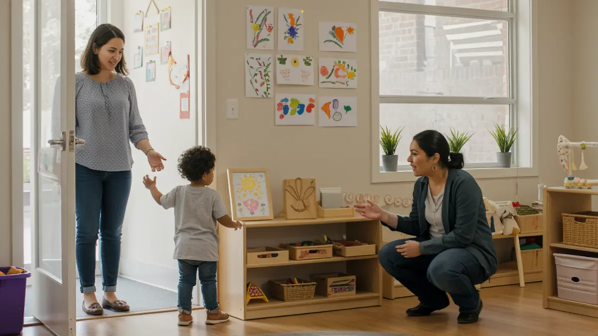 Childcare tour in Skyway — teacher welcoming a toddler and parent into a bright classroom