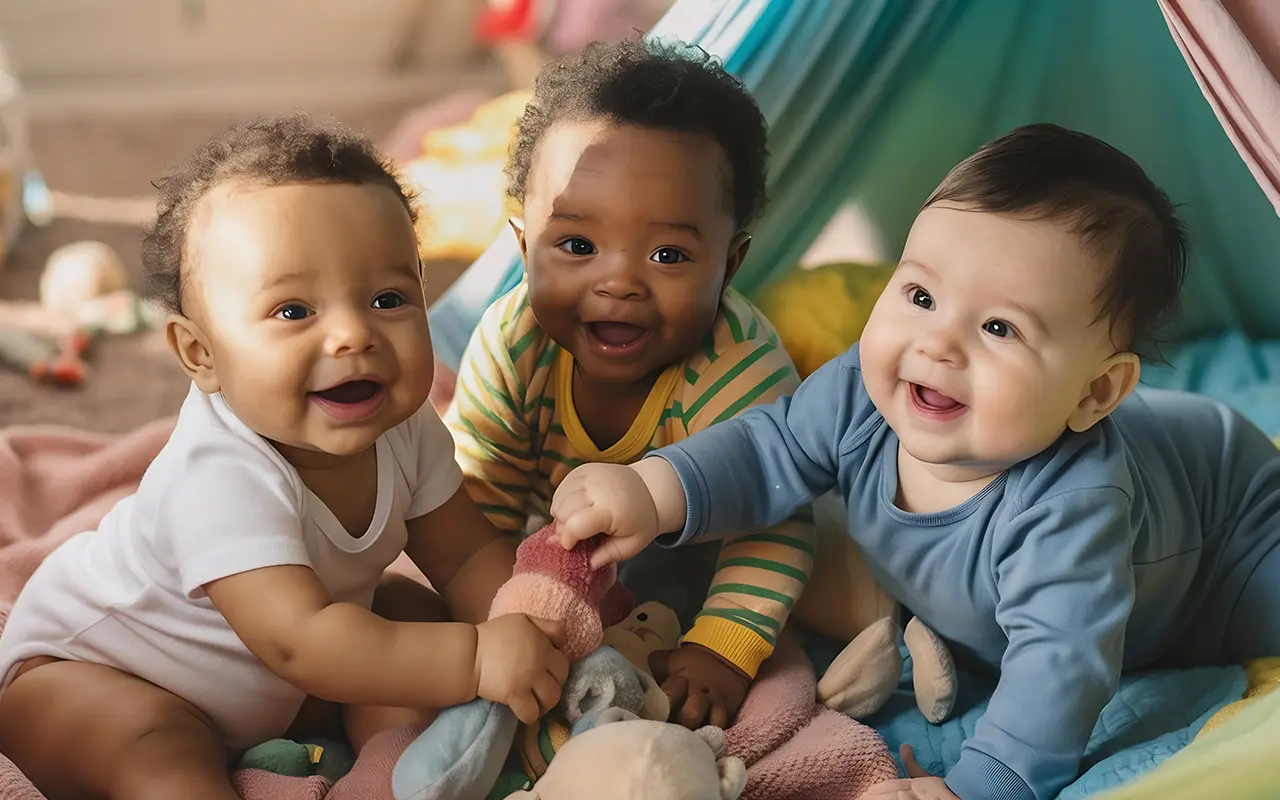 Nurturing Care — Infant Childcare Program in Skyway | Little STEAMers Three smiling infants of different backgrounds playing with soft toys on a cozy mat—nurturing care in our infant childcare program in Skyway.