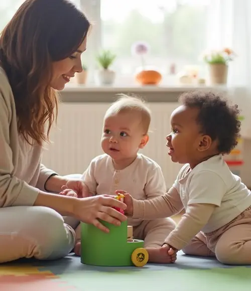 Infant Childcare Program in Skyway – Little STEAMers Caregiver engaging two infants on a colorful play mat in a bright daycare classroom — infant childcare program in Skyway.