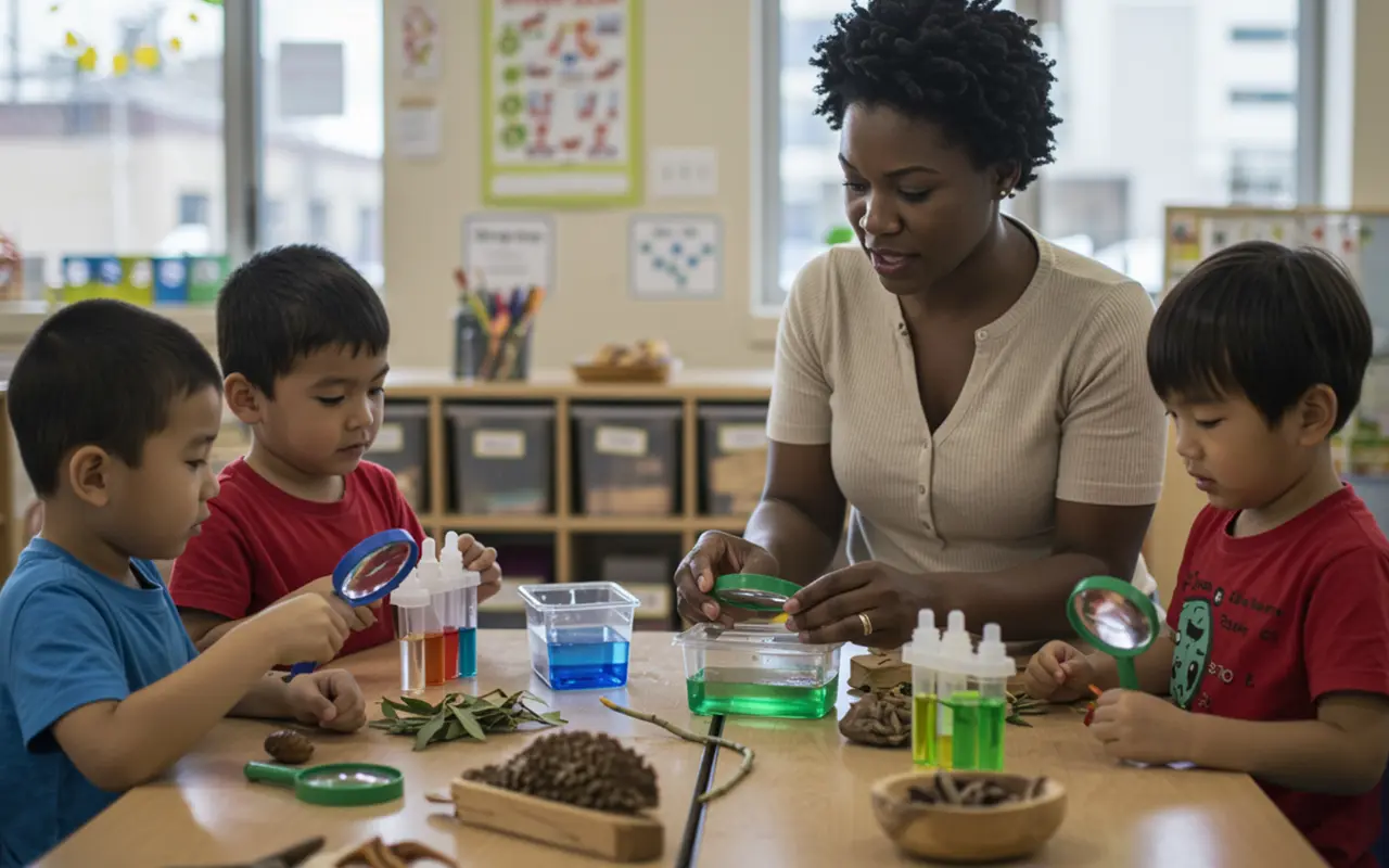 Pre-K Childcare Program in Skyway — Investigators Teacher guiding three 5-year-olds at a science center with magnifiers and droppers — Pre-K Childcare Program in Skyway.
