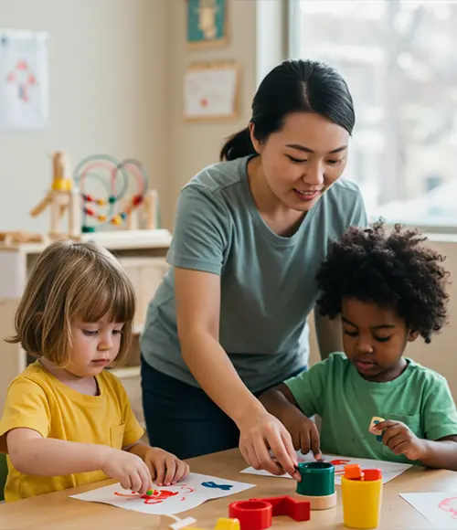 Explorers Activity — Preschool Childcare Program in Skyway | Little STEAMers East Asian teacher guiding two preschoolers—one white child and one Black child—through art and fine-motor shapes at a classroom table — Preschool Childcare Program in Skyway.