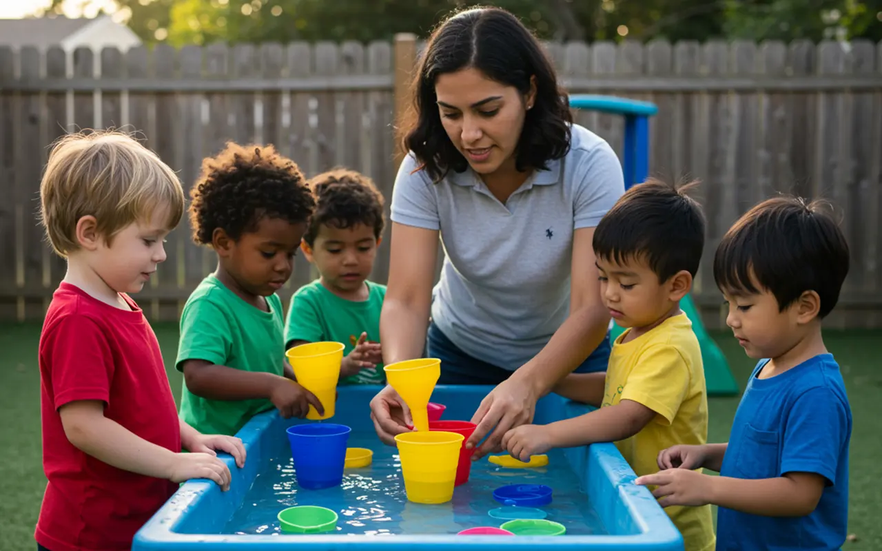Preschool Childcare Program in Skyway — Explorers Latina teacher guiding a diverse group of preschoolers at an outdoor water/science table with cups and funnels — Preschool Childcare Program in Skyway.