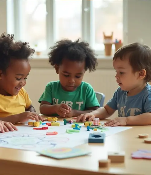 Nurturing Guidance — Toddler Childcare Program in Skyway | Travelers Three toddlers (24–36 months) collaborating with fine-motor toys at a classroom table in natural light — Toddler Childcare Program in Skyway.