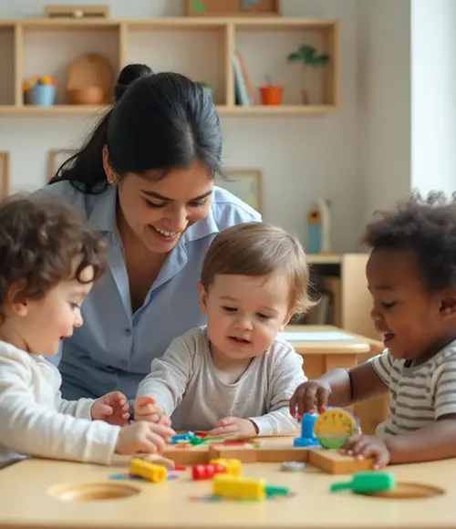 Nurturing Support — Toddler Childcare Program in Skyway | Little STEAMers Latina caregiver guiding three toddlers with fine-motor toys at a toddler-height table in a bright classroom — Toddler Childcare Program in Skyway.