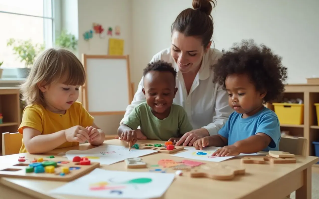 Travelers — Toddler Childcare Program in Skyway | Little STEAMers Caregiver guiding a diverse group of three toddlers (24–36 months) as they create art and solve simple puzzles in a bright classroom — Toddler Childcare Program in Skyway.