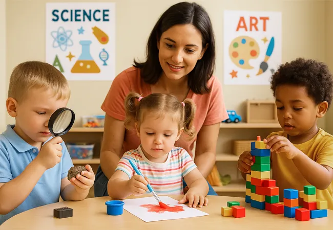 Preschoolers engaged in hands-on learning at a childcare program near Renton Preschool children exploring STEAM activities with a teacher at a childcare program near Renton