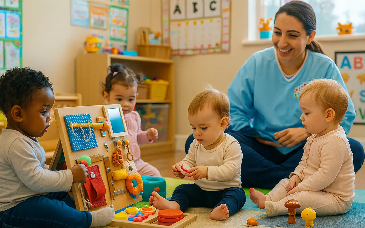 Little STEAMers Academy — Infant classroom STEAM activity STEAM early learning and childcare in Skyway — infants and teacher exploring a sensory activity board in a bright classroom