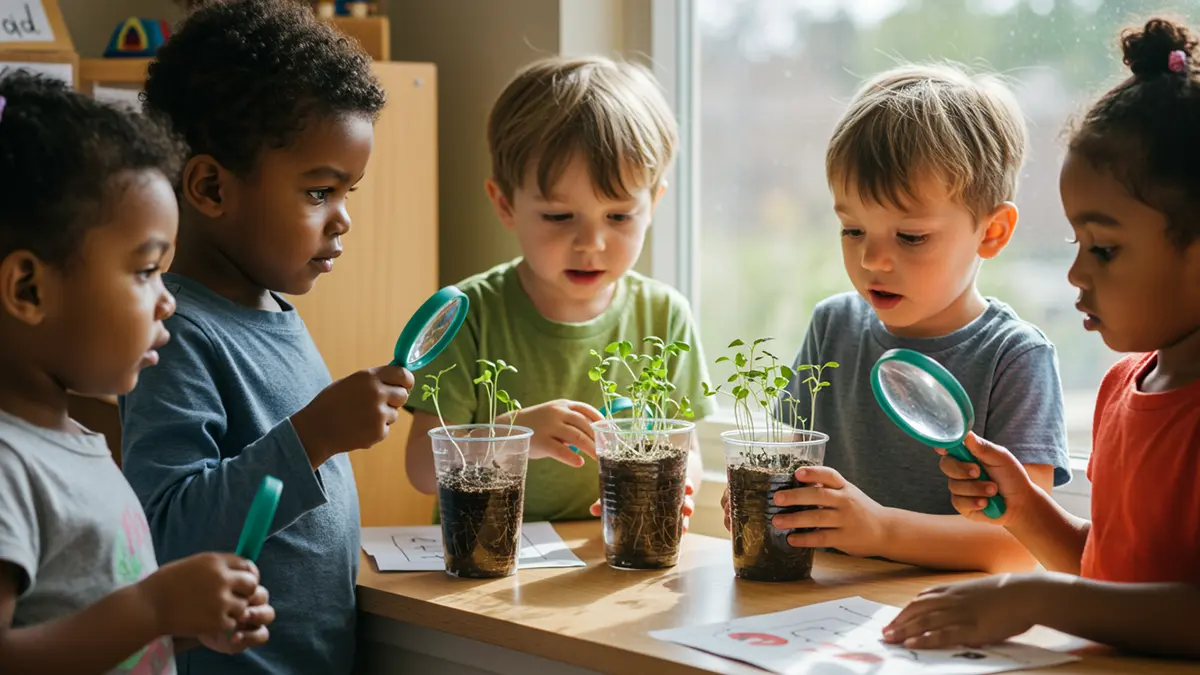 STEAM Lab monthly themes in Skyway — children exploring the Plants & Growing lab with magnifiers, observing seedlings up close.