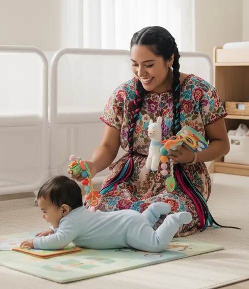 Enroll daycare Skyway — teacher leading tummy time in a safe-sleep infant nursery at Little STEAMers Academy