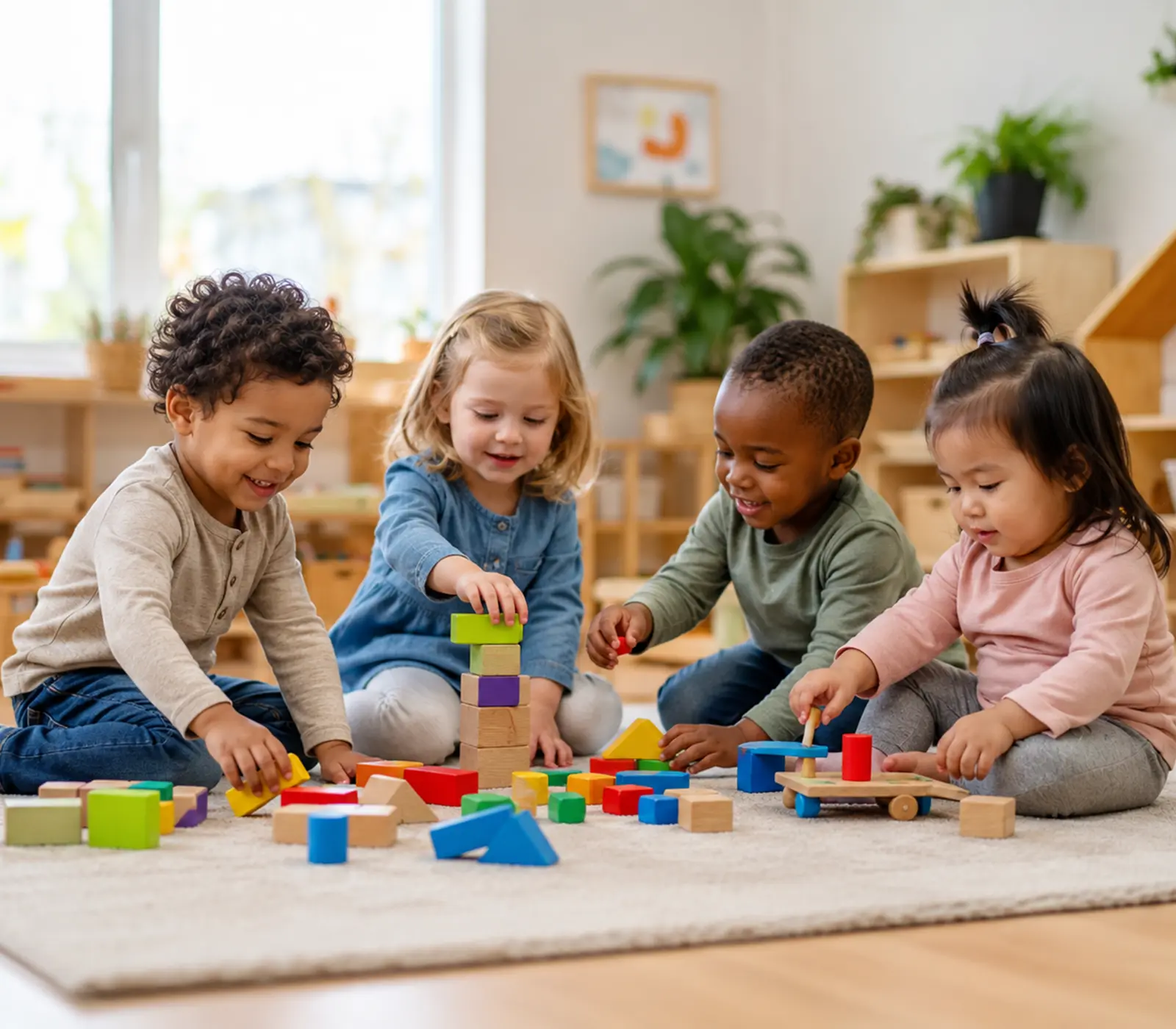 Childcare Near Renton Children Playing Blocks Diverse young children playing with blocks in a bright daycare classroom near Renton