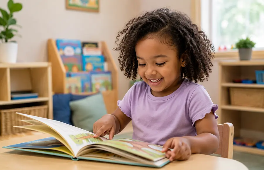 Pre-K child reading in a bright early learning classroom