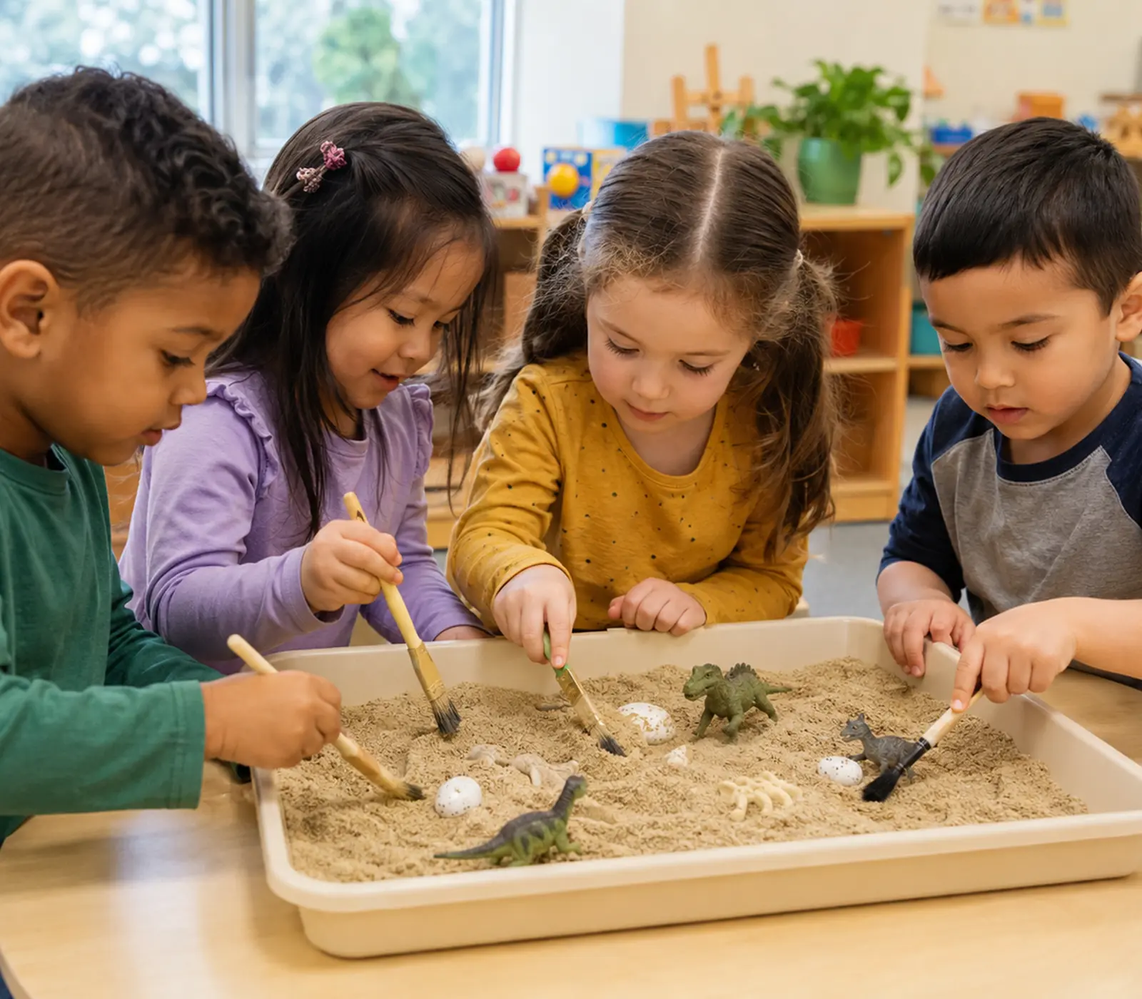 Preschool Dinosaur Fossil STEAM Activity Preschool children exploring dinosaur fossils in a sensory sand tray