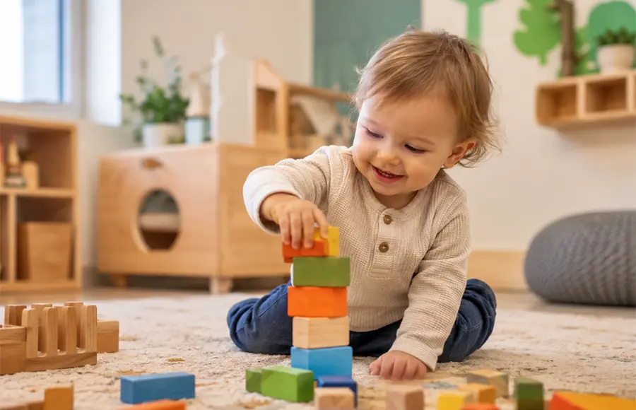 Toddler playing with colorful blocks in an early learning classroom