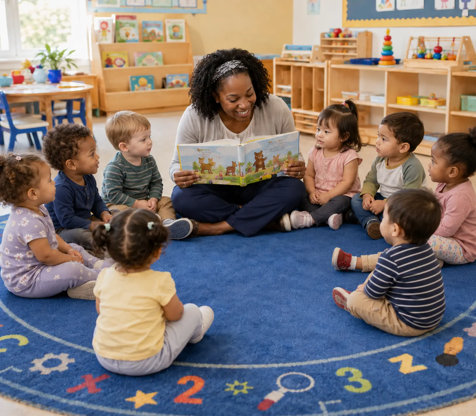Toddler Circle Time Teacher Reading Teacher reading to a multiracial group of toddlers during circle time in a daycare classroom